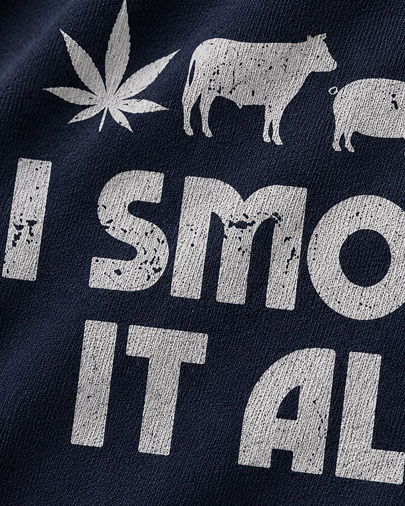 I Smoke It All cow, pig, chicken, and BBQ graphic on Brick red cotton T-shirt