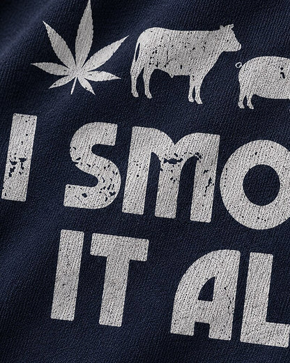 I Smoke It All cow, pig, chicken, and BBQ graphic on Brick red cotton T-shirt