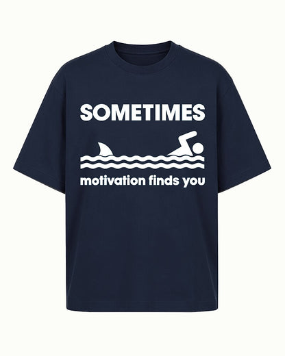 Sometimes Motivation Finds You swimming shark graphic on Nile Blue cotton T-shirt