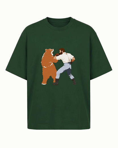 man boxing a bear graphic on Black cotton T-shirt