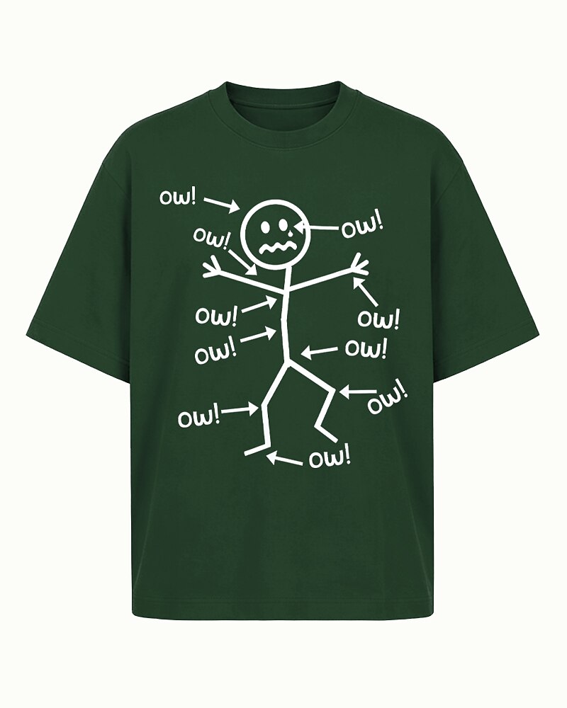 Body Pain Crying Stick Figure with Pointing Arrows Multiple Ow Quotes Graphic T-Shirt - product image 4