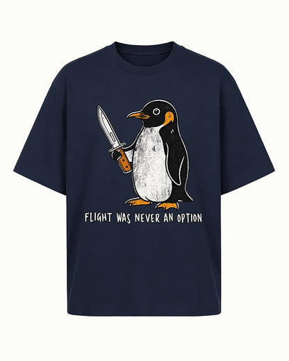 Flight Was Never an Option penguin-with-a-knife graphic on Heather Gray cotton T-shirt