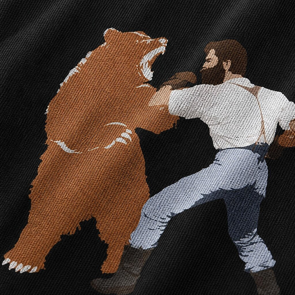 man boxing a bear graphic on Black cotton T-shirt